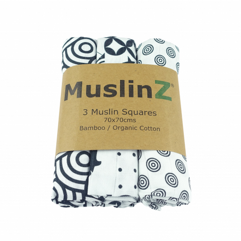 MuslinZ 3 Pack Bamboo/Organic Cotton Muslin Squares 70x70cm – Sensory
