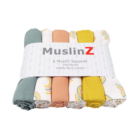 Muslinz 6 Pack Cotton Muslin Squares - 70cm x 70cm - Scandi Rainbow