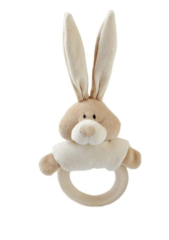 Wooly Organic Soft Bunny Rattle with Wooden Ring Teether Bunny